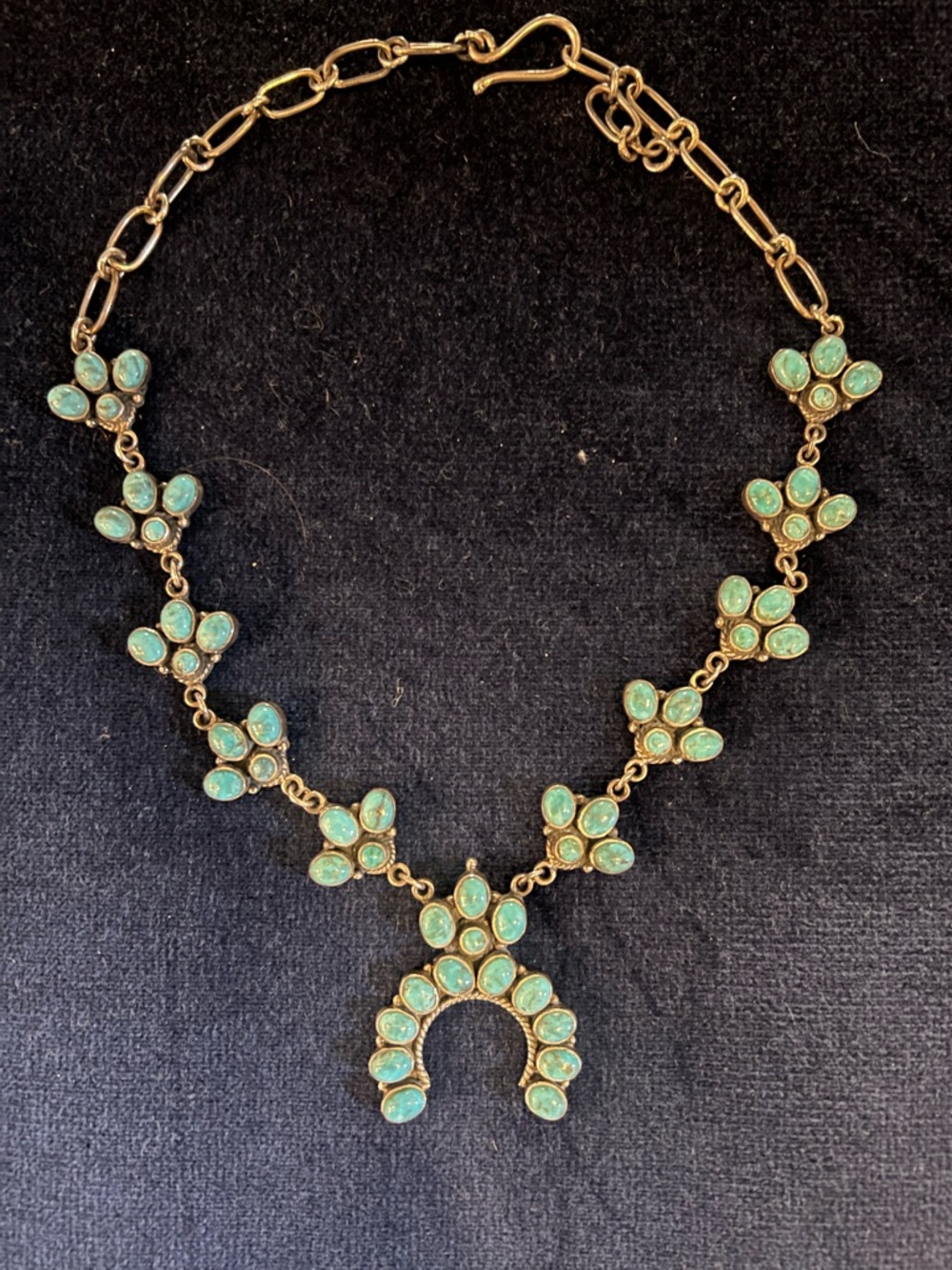 Sterling and turquoise squash blossom style necklace